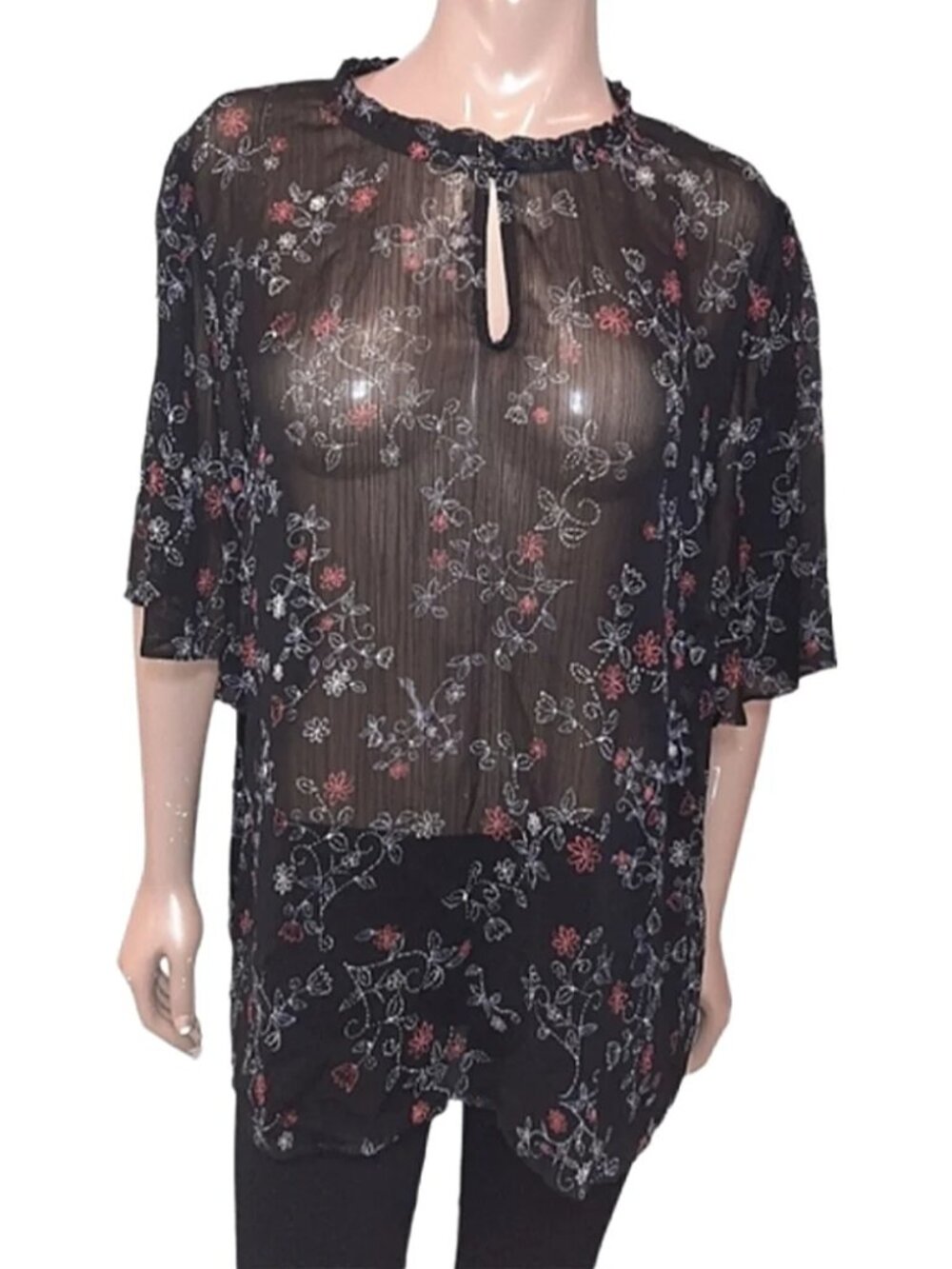 MICHEL STUDIO Sheer Floral Top Keyhole Short Sleeve Black Red Womens Size 16